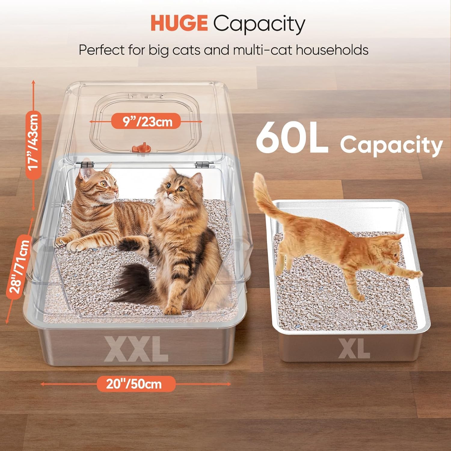 Lettiera XXXL in acciaio inox con coperchio, contenitore per lettiera per gatti grandi, più gatti, con paletta e pedale, controllo degli odori, facile da pulire