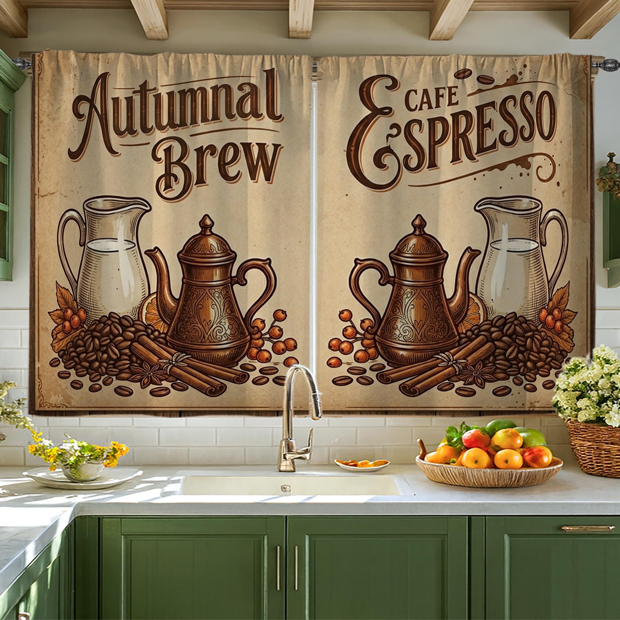 Rideaux de cuisine rustiques aux grains de café pour un coin petit déjeuner chaleureux