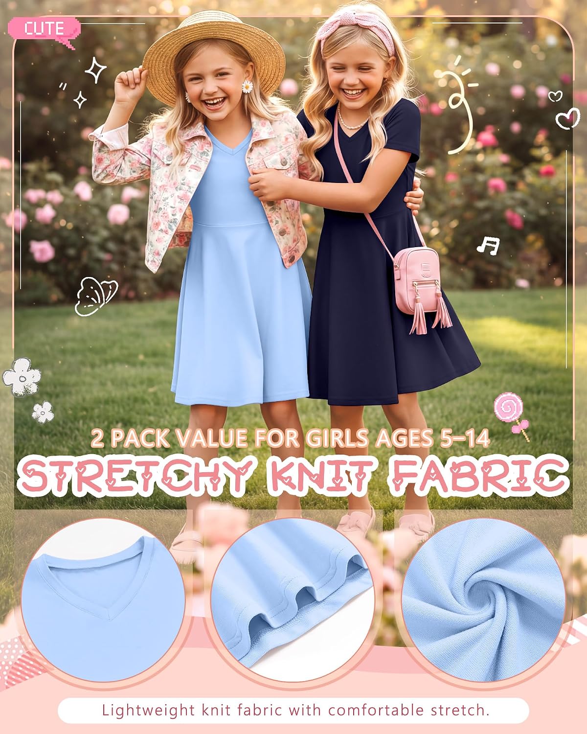 2 Pack Girls' Dresses Short Sleeve V Neck Skater A Line Summer Casual Cute Spring Jersey Dress for Kids 5-14Y