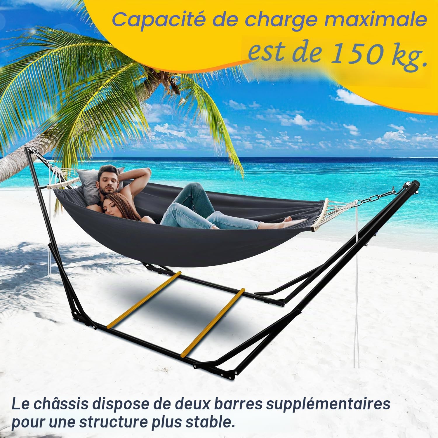 Hamac avec cadre en métal - Pliable - Jusqu'à 150 kg - Pour extérieur, camping, jardin, piscine, balcon - Fauteuil suspendu - Avec sac de transport - Structure en métal