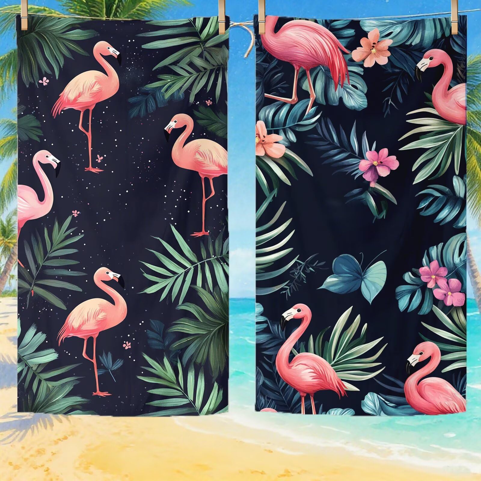 Serviette de Plage Microfibre Serviette Plage 100x150 cm 2 Pack Séchage Rapide, Anti-Sable, Absorbante Fonction drap de plage xxl pour Bain, Sport, Voyages, Sauna, Piscine, Yoga, avec Sac Animal Q-865