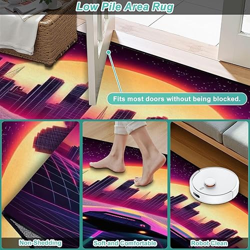 Miniatura 3 de Alfombra de pasillo lavable de 2 x 8 pulgadas, diseño de arcade, diseño de barco espacial a puesta de sol, retro, de los años 80, antideslizante,