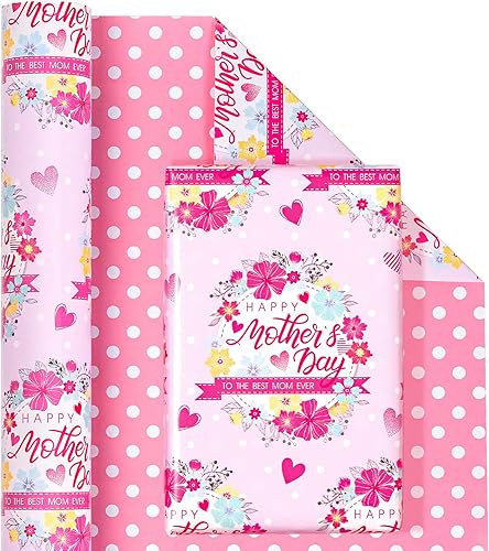 Miniatura 2 de WRAPAHOLIC Papel de regalo reversible para el día de la madre, mini rollo, 17 pulgadas x 33 pies, diseño de flores y feliz día de la madre, perfecto