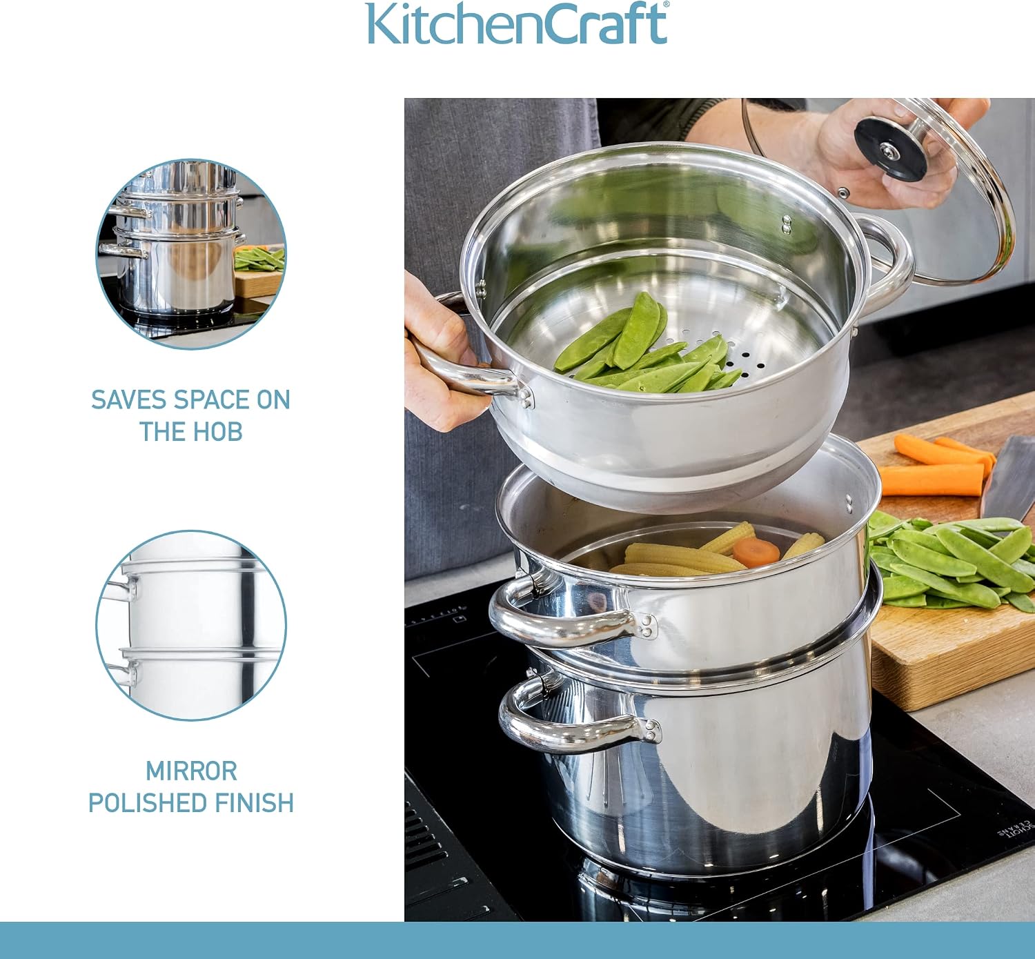 Kitchen Craft 3 Tier Food Steamer Pan/Stock Pot in Gift Box, 22 cm (8.5 inch), Silver