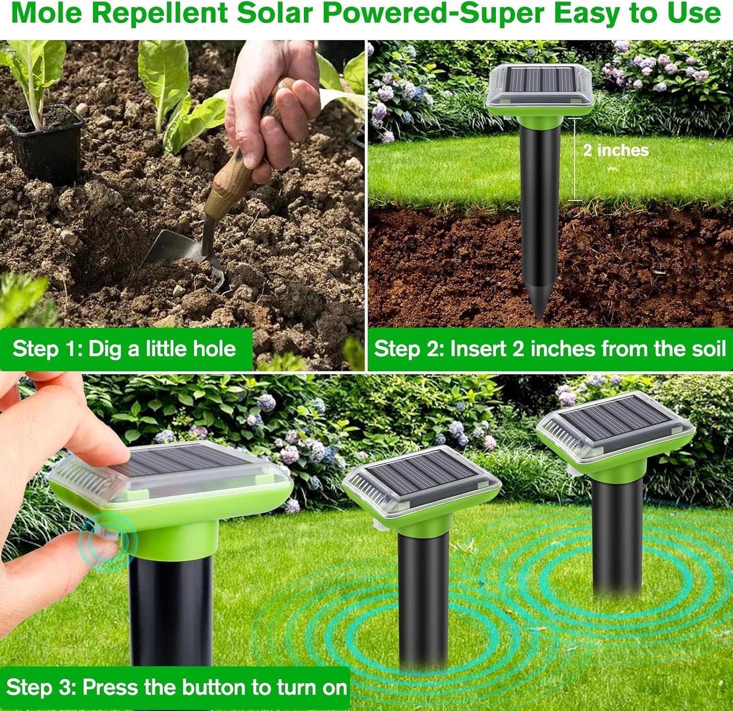 Repellente per talpe ad ultrasuoni per esterni, confezione da 6, alimentato a energia solare, per prato, cortile e giardino, trappole impermeabili per talpe, respinge efficacemente la mosca e il
