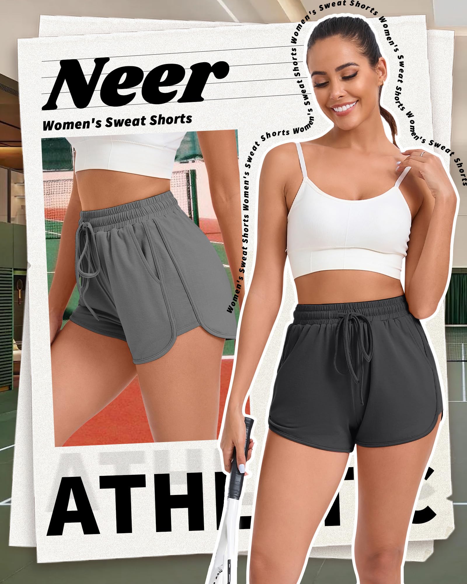Neer Lot de 4 shorts de survêtement pour femme, shorts d'entraînement athlétiques décontractés avec poches et cordon de serrage