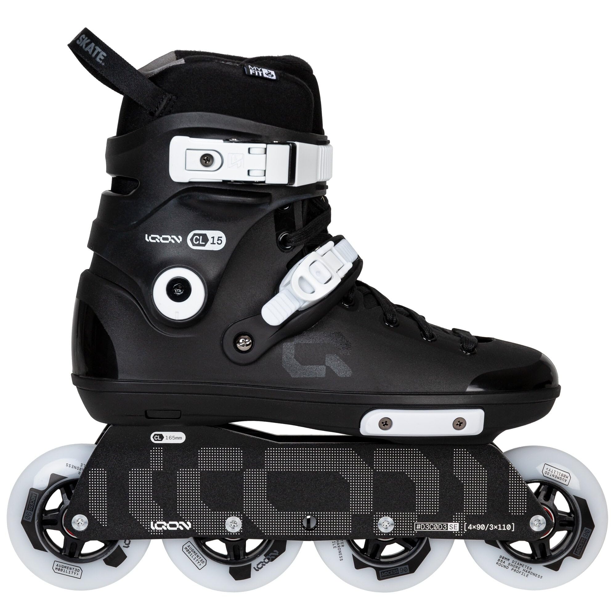 IQON CL15 Black Edition Rollers en ligne, Hardboot avec doublure Myfit & Cuff Decode SE Frame réglable, 4 x 90 mm ou 3 x 110 mm, roulements ABEC 9, avec montage de 165 mm