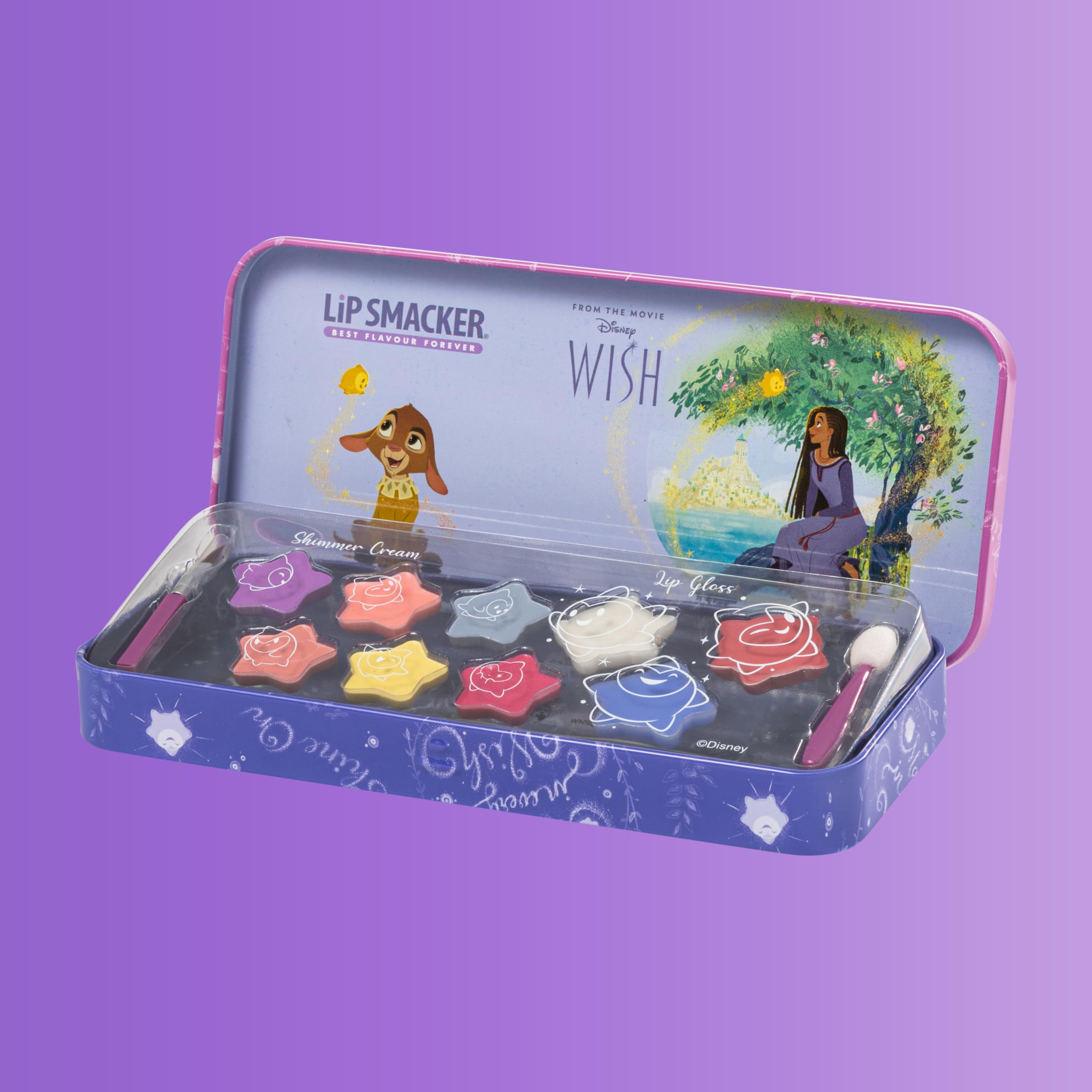 Lip Smacker Wish Lip & Face Tin, Zestaw do Makijażu dla Dzieci z Błyszczykiem i Kremami Inspirowanymi Życzeniem Disneya, w Zestawie Aplikatory, Prezenty dla Księżniczek dla Nieskończonej Kreatywności