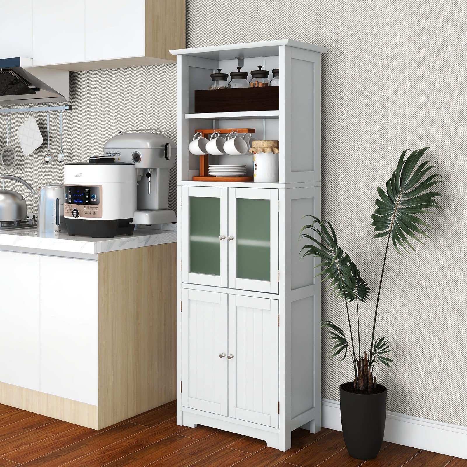 LIFEZEAL Armario Alto, Armario Independiente de Suelo con 4 Puertas, Gabinete con Estantes Ajustables, Mueble Organizador con 2 Puertas de Vidrio Templado para Baño, Cocina, Salón (Blanco)