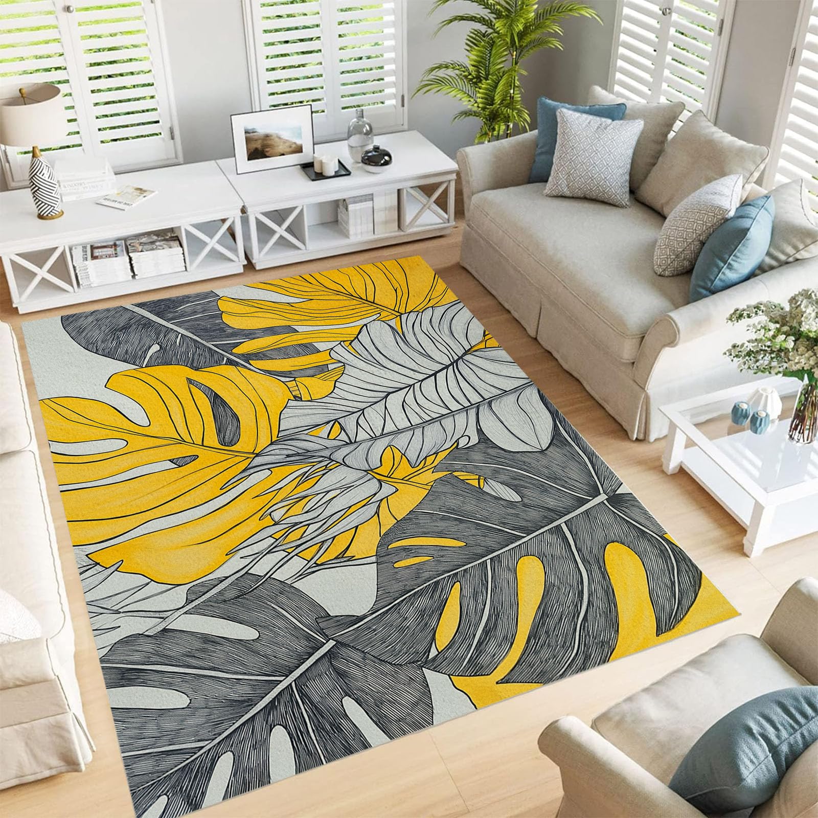 Tapis de salon lavable et grand tapis de chambre 240x300cm à motif monstera