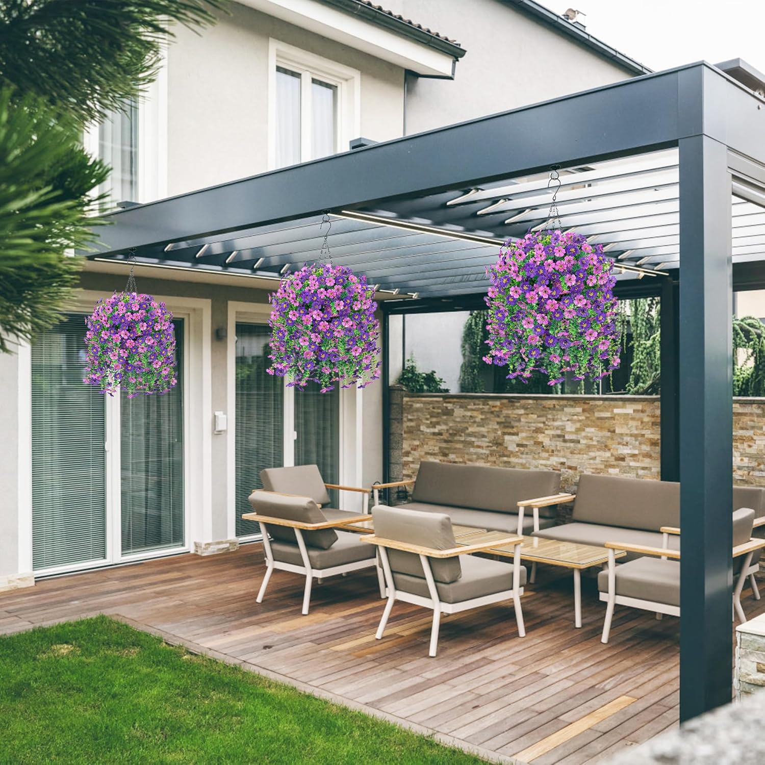 HyeFlora Artificial Hanging Flowers Basket for Outdoor, Fake Flowers Faux Plants Look Real for Yard Gardens Porch Patio Home (Darkpurple+Purple) - Image 7