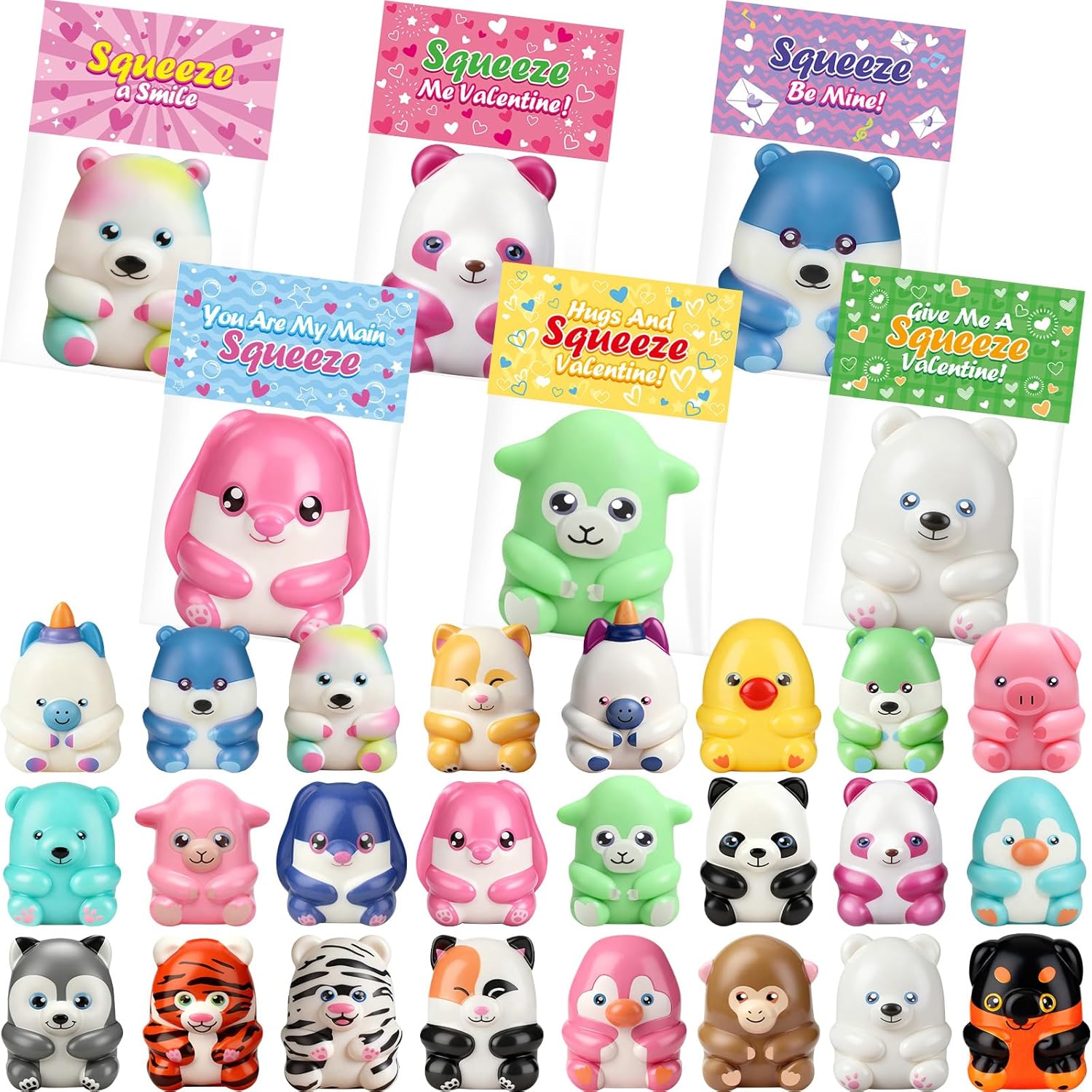 KIZZYEA Valentines Party Favors, Valentines Day Gifts for Kids, 24 Packs Valentines Day Cards for Kids School with Animal Squeeze Toys, Exchange Gifts for Boys Girls, Ideal Valentine Classroom Prizes