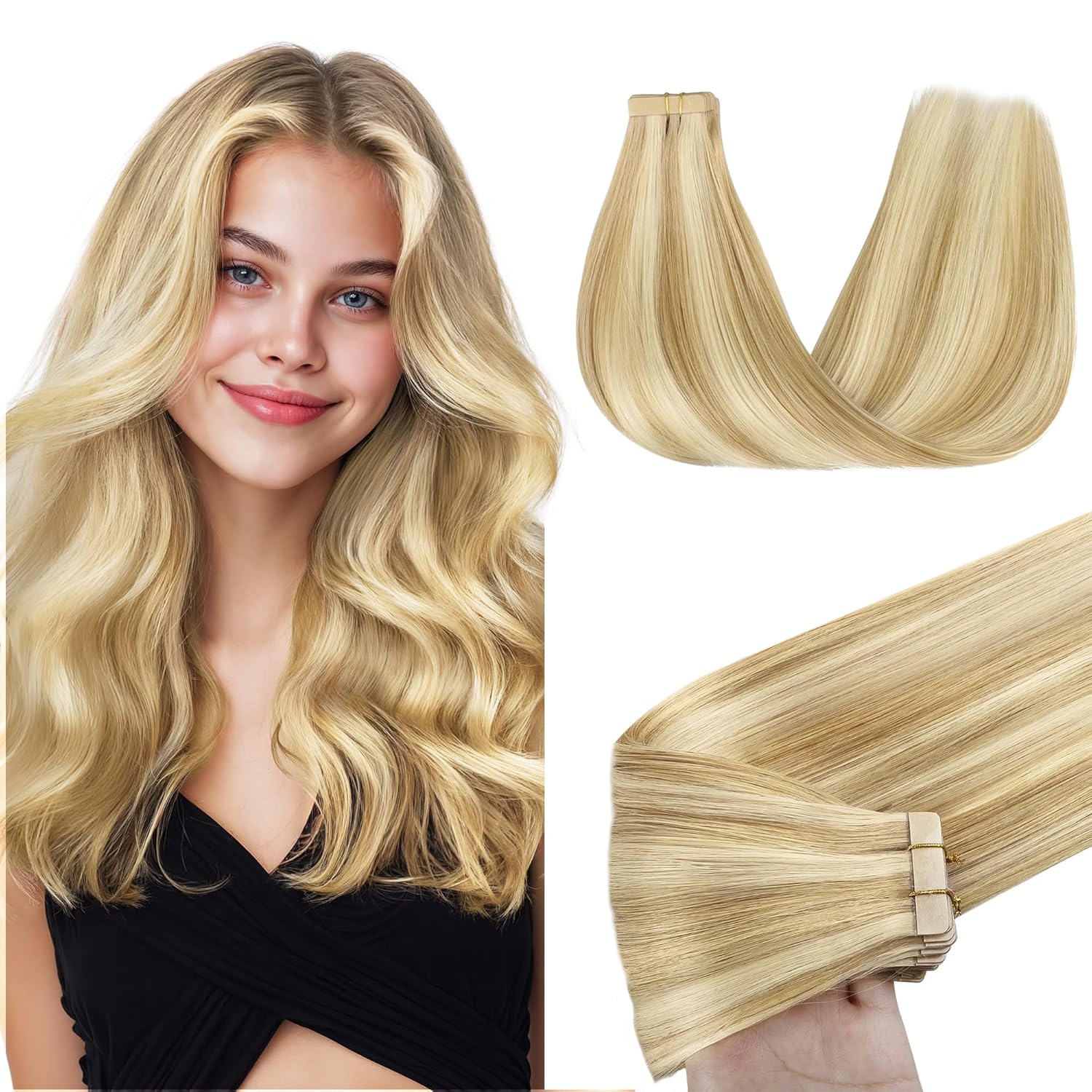 GOO GOO Tape in Hair Extensions Human Hair, 18D/22F Dirty Blonde Highlights, 20inch 50g 20pcs, Skin Weft Seamless Invisible, Silky Straight with Thick Ends, Remy Human Hair