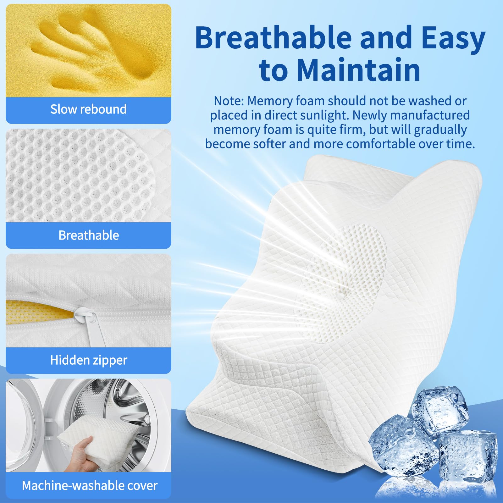 Cuscino Cervicale per Dormire, Cuscino Ortopedico in Memory Foam, 2 in 1 Cuscino Ergonomico Cervicale per Dormire sul Fianco con Federa Sfoderabile e Lavabile, 60x36x11/13cm, Bianco