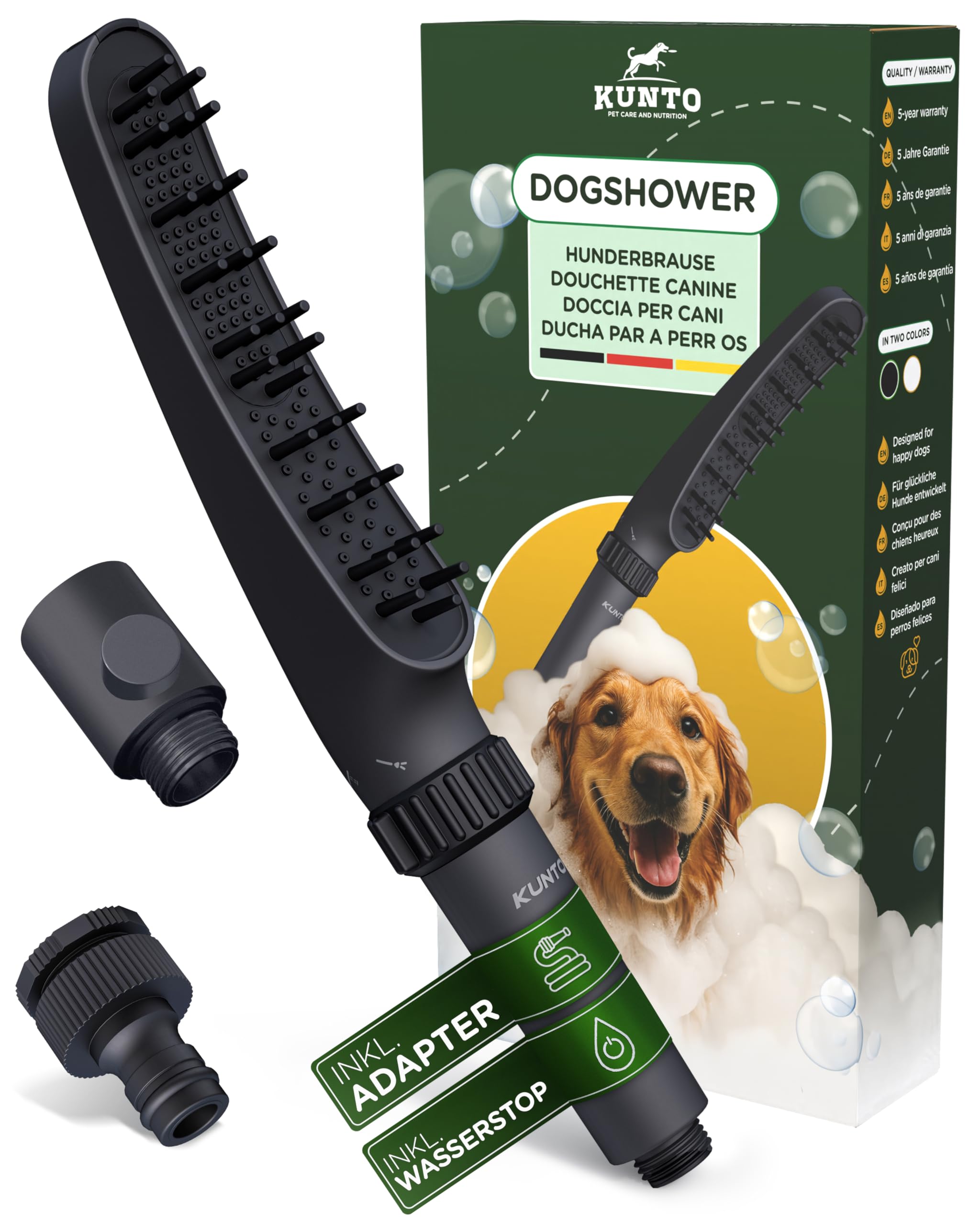 KUNTO® Hundebrausekopf inkl. Gartenschlauchadapter & Wasserstop - Hundedusche Duschkopf mit 79 Düsen, 4 Strahlarten & 30 Silikon-Massage-Borsten - Mobile Hunde-Duschbrause für drinnen & draußen
