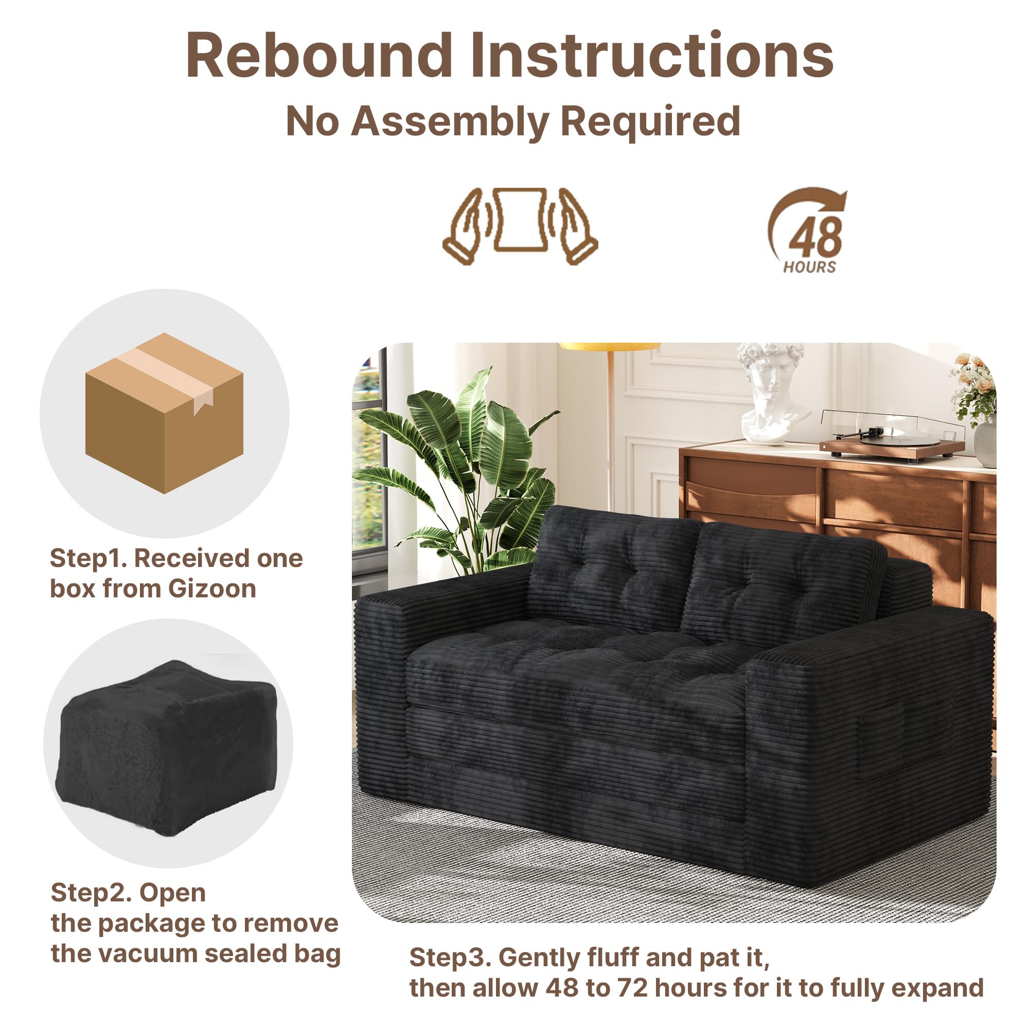 Gizoon Boneless Couch Bed Small Floor Couch 59" Convertible Sleeper Sofa | Folding Sofa Bed with 2 Pillows & Memory Foam, Corduroy Pull Out Couch for Small Spaces, Apartment, Living Room, Black