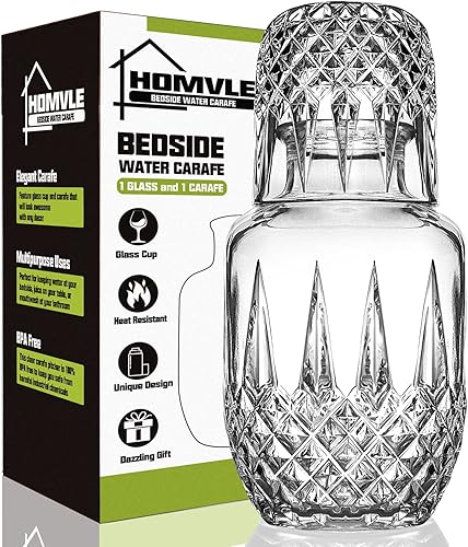 Bedside Carafe and Glass Set - Vintage Bedside Water Carafe with Glass Cup for Nightstand Storing Water, Juice and Other Wine on DesktopShelf