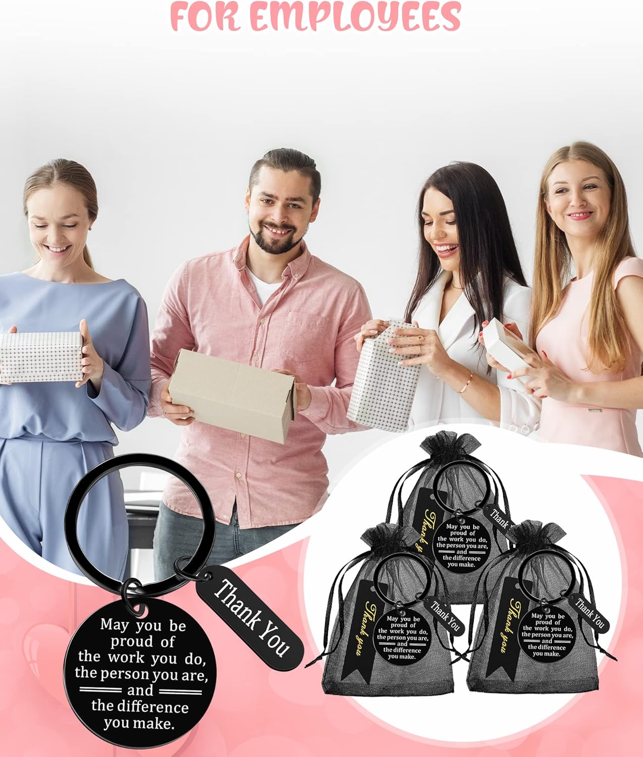 Yinkin 300 Pcs Bulk Gifts for Coworkers Employee Thank You Gifts Include 100 Inspirational Employee Appreciation Keychain 100 Organza Bags 100 Cards for Valentines Teacher Nurse Team(Black)