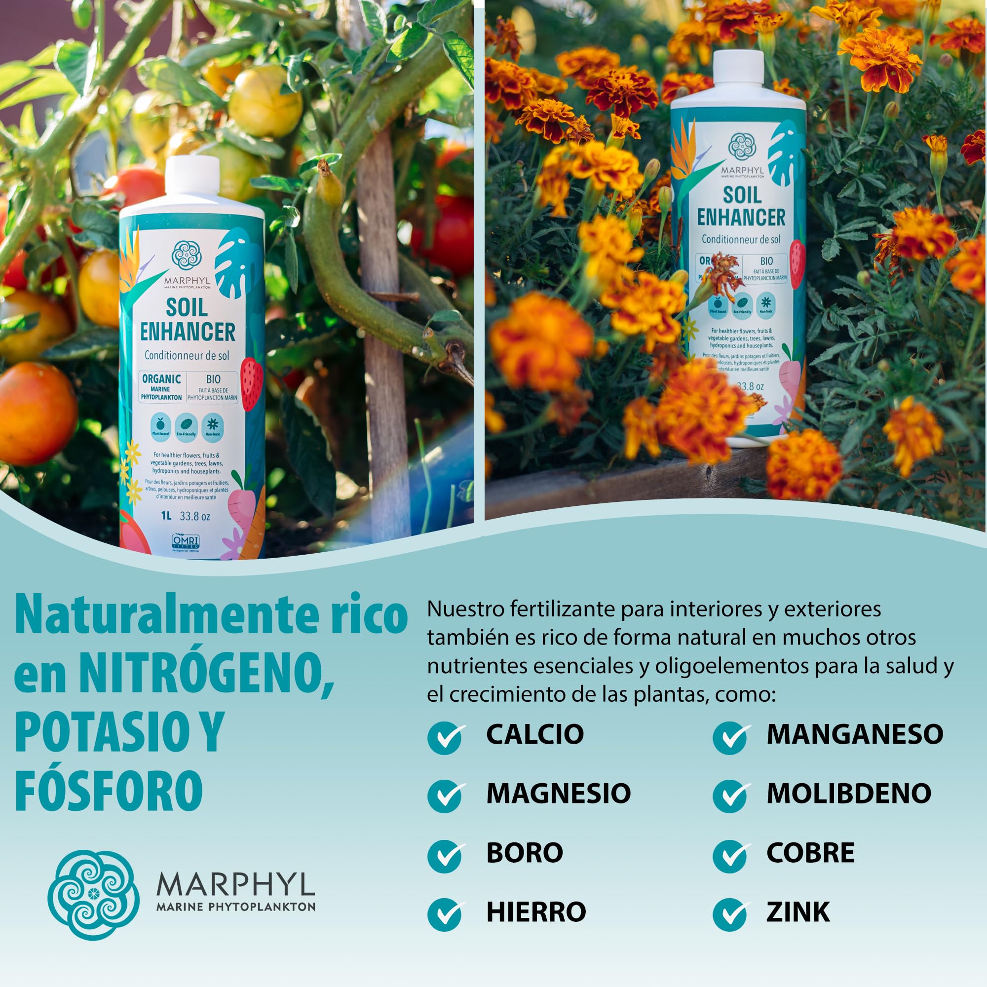 MARPHYL Fertilizante Líquido Orgánico - Fertilizante Plantas Interior y Exterior - Alimento Nutritivo para Plantas - Potenciador del Suelo para Jardín, Flores, Verduras, Suculentas, Bambú, Hidroponía