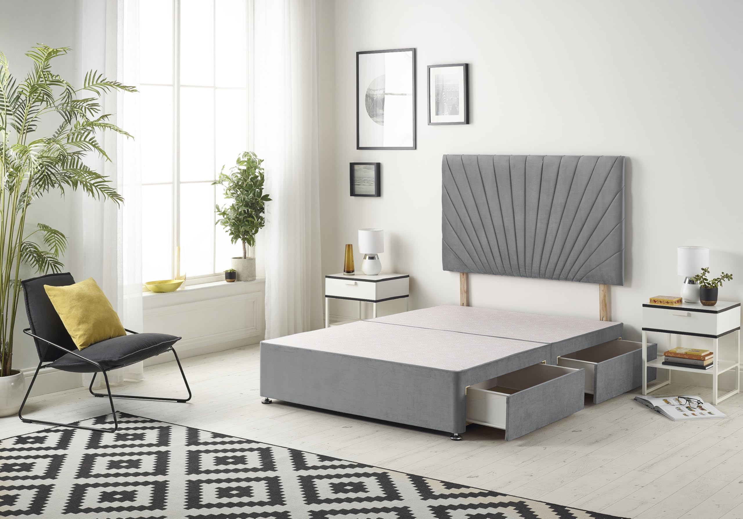 Bed Centre Platinum Charcoal Plush Divan Bed Base With Same Headboard And Storage Drawer-3FT Single,(Single 90 x 190 cm, 2 Drawer Same Side, With Headboard)