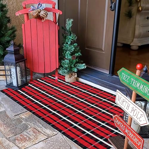 Miniatura 2 de Tapete de Navidad de 3 x 5 pies, color negro y rojo, tapete de bienvenida lavable para casa de campo, tapete de bienvenida reversible a cuadros,
