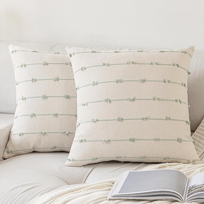 Boho Throw Pillow Covers 18x18 Set of 2 Modern Farmhouse Decorative Cushion Case Tufed Square Pillows Cover Neutral Pillow Cases Accent Pillowcase for Sofa,Couch,Bed,Beige and Green
