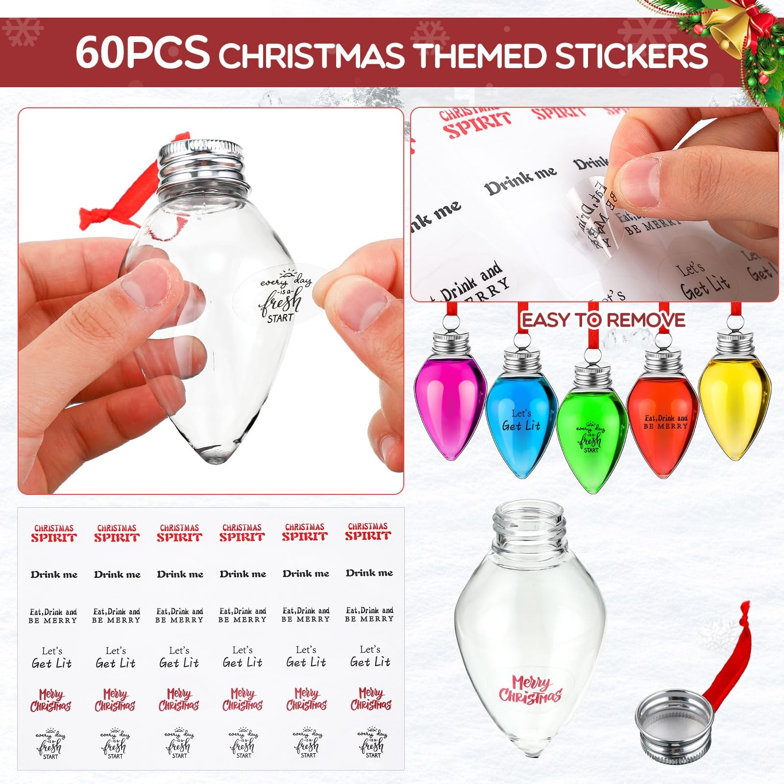 Baquler Lot de 50 boules de Noël en forme de verre à liqueur en plastique à remplir pour sapin de Noël - Ampoules transparentes pour décoration de fête d'intérieur et d'extérieur (gouttes d'eau)
