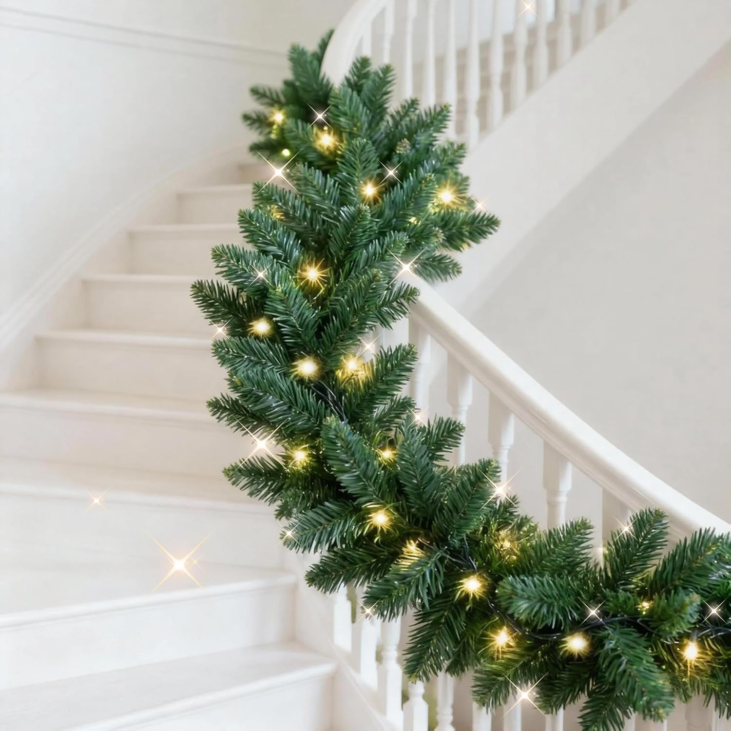 9FT Lighted Christmas Garland Battery Operated, Pre-lit Christmas Garland for Stairs, Outdoor Faux Garland Greenery with Lights Christmas Decorations Indoor 1-Pcs