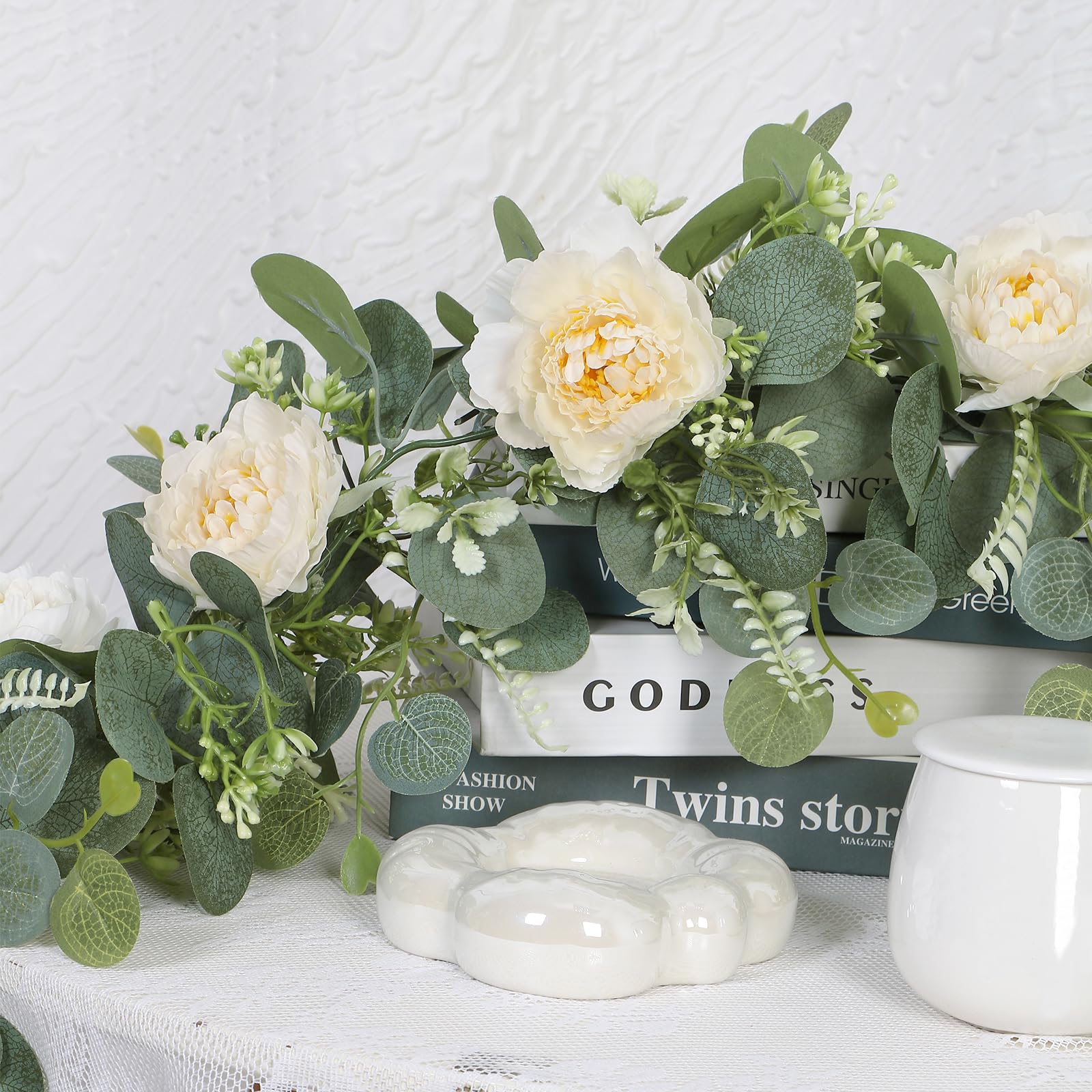 DEMIUKO Künstliche Eukalyptus-Girlanden mit Blumen, künstliche Pfingstrosen, Rose, Blumen, grüne Girlande, Blumenranken für Hochzeit, Tischläufer, Bogen, Party, Zeremonie, Hintergrunddekoration (4