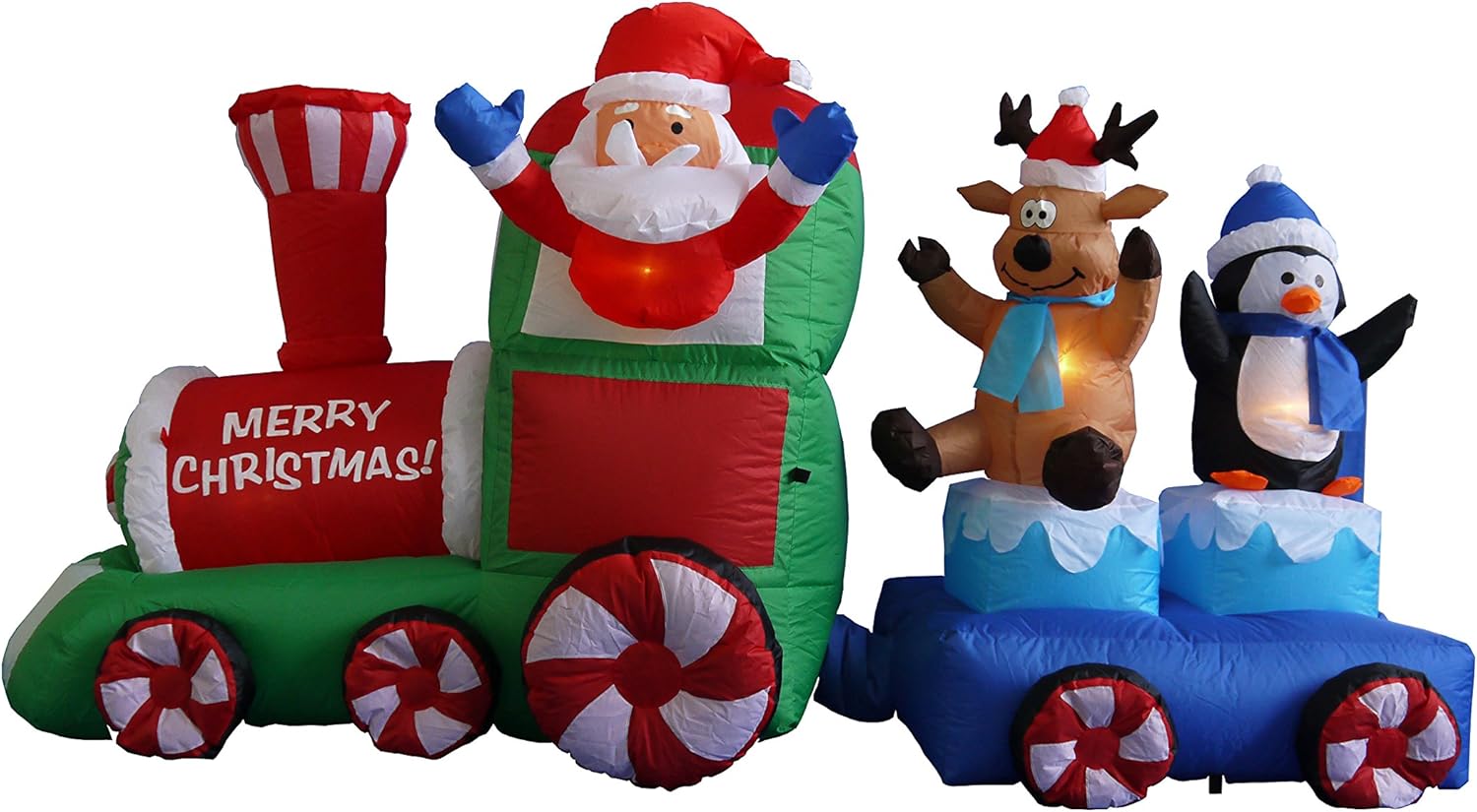 7 Foot Long Lighted Christmas Inflatable Santa Claus Reindeer Penguin on Train Lighted LED Lights Blowup Indoor Outdoor Garden Yard Party Photo Prop Home Decoration