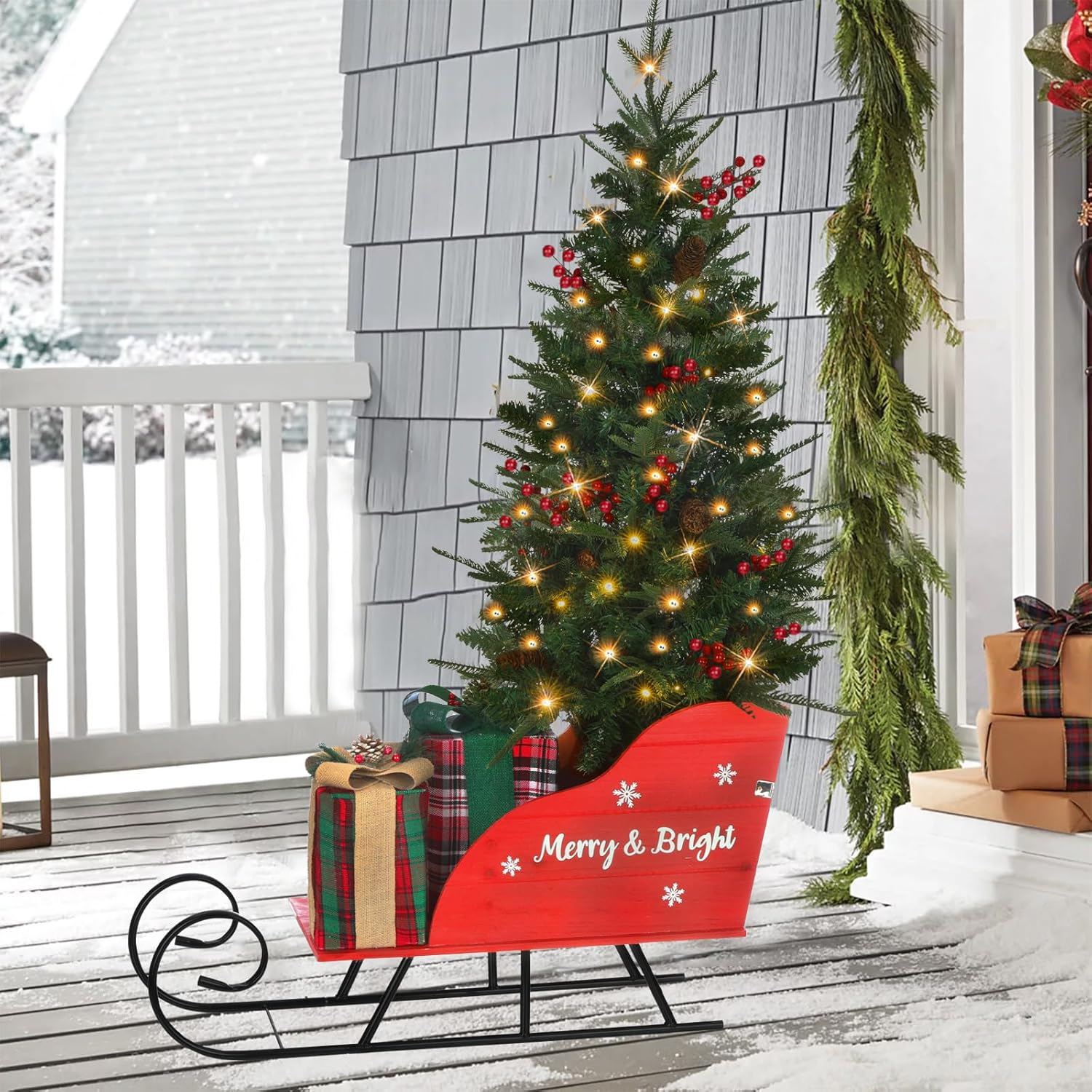 Prelit Christmas Tree with Sleigh 4.3 FT Artificial Pinecone Berries Christmas Tree with Gift Box 100 Warm White LEDs Battery Powered & 8 Lighting Modes for Xmas Porch Entrance Decorations Pinecone Tree