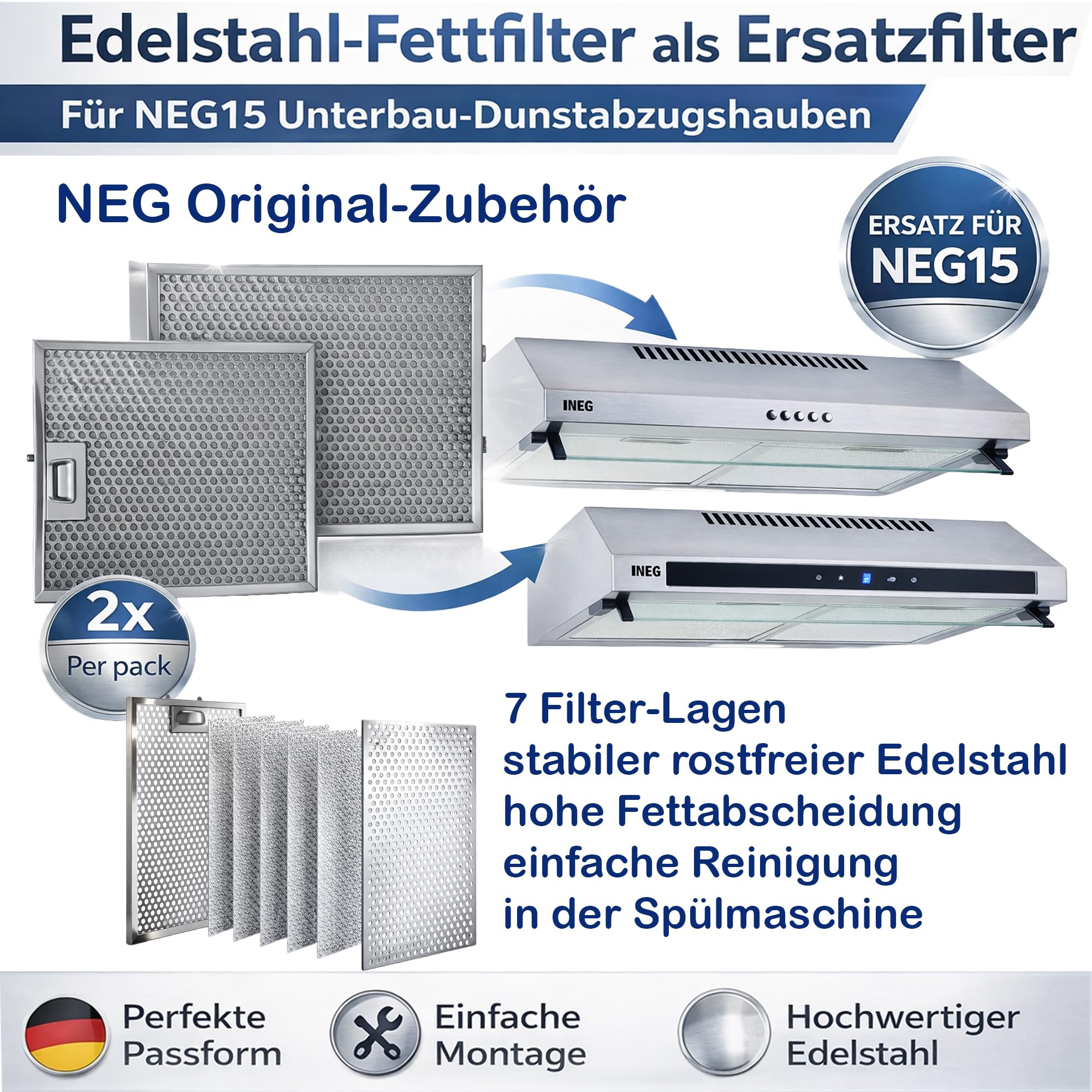 NEG Fettfilter-Set 2x FF15E-15, Edelstahl, 33,8x27,7 cm