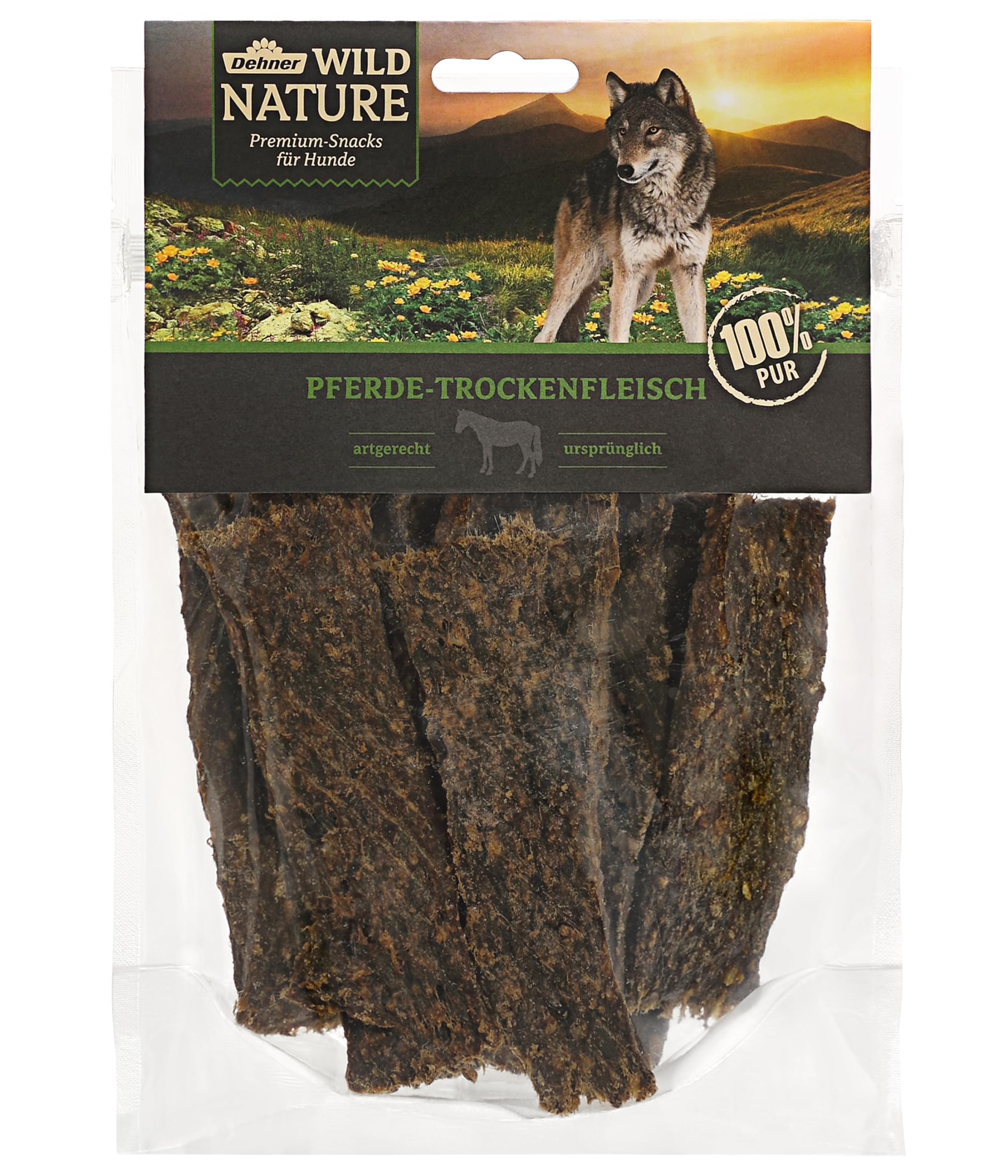 Dehner Wild Nature przekąska dla psów, wysokiej jakości przysmaki dla psów, bezglutenowa/bez zbóż, przekąska dla psów, suszone mięso końskie, 200 g