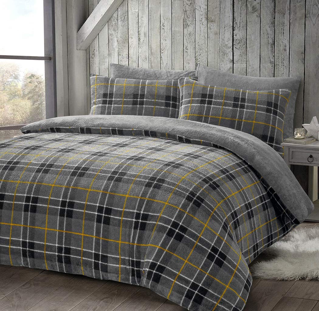 Homes-Linen Grey Teddy Bear Fleece Tartan Check Duvet Cover Soft Cosy Warm Checked Teddy Bear Bedding Set (, Single)