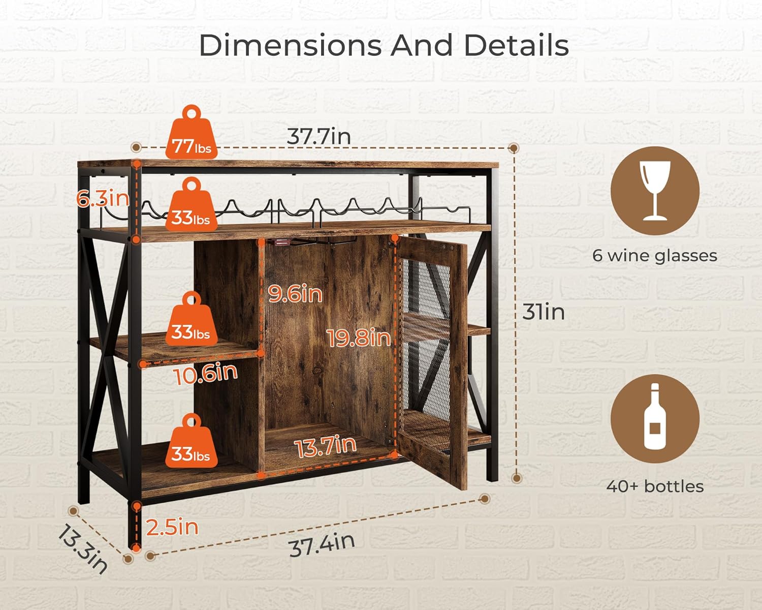 Vividwood Industrial Wine Bar Cabinet Rustic Brown - Wine Rack, Stemware Holder, Multifunctional Liquor Storage Sideboard for Kitchen Living Room