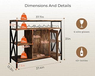 Vividwood Industrial Wine Bar Cabinet Rustic Brown - Wine Rack, Stemware Holder, Multifunctional Liquor Storage Sideboard for Kitchen Living Room