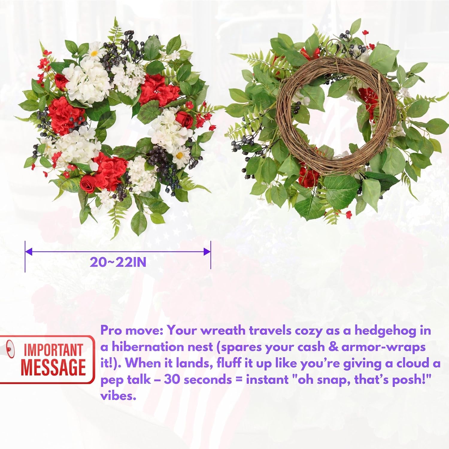 22IN Patriotic Wreath Red Hydrangeas White Flowers Blue - Spring Summer Front Door Wreath - Silk Handmade Farmhouse Outdoor Independence Day Decor, Gift