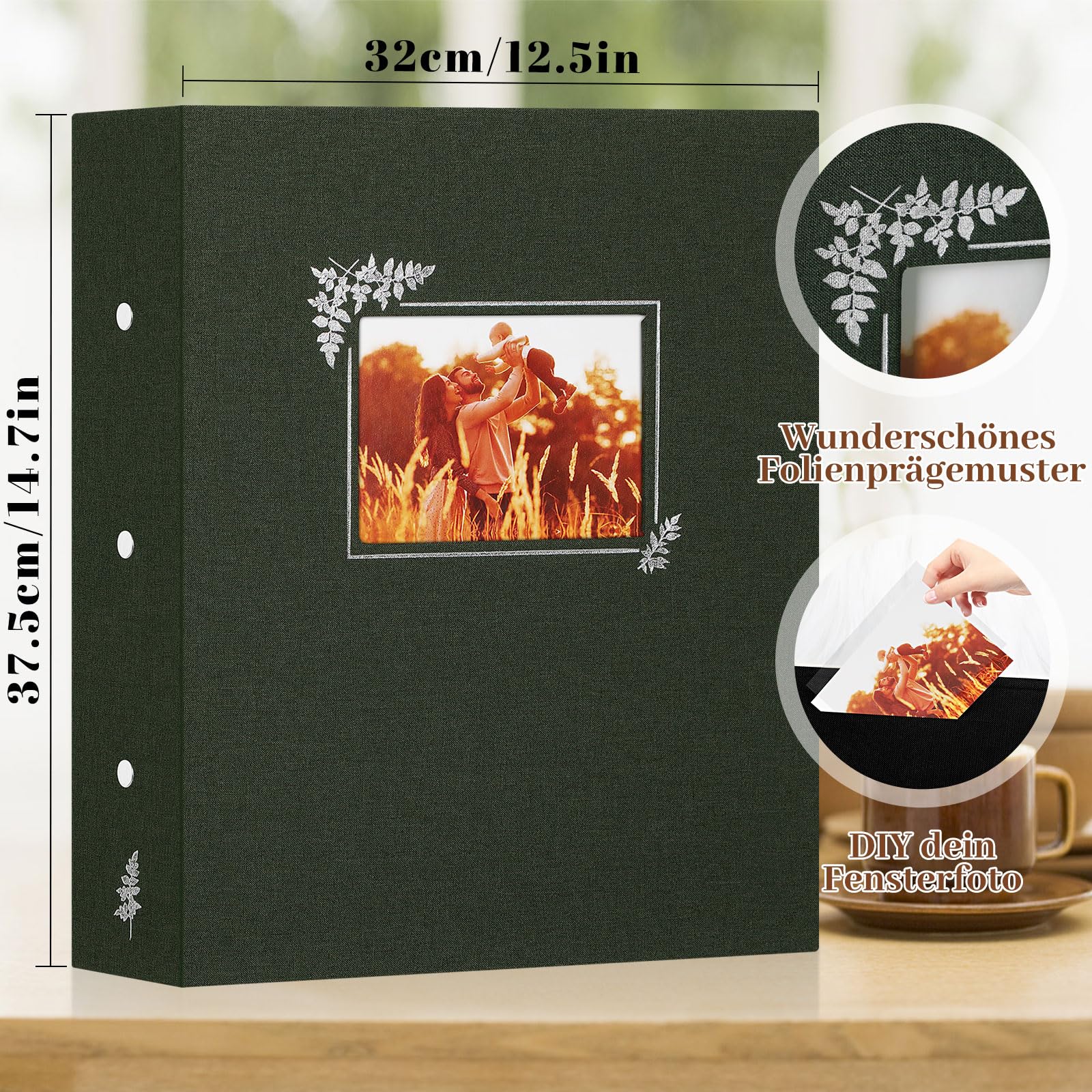 Lanpn Album fotograficzny 11,5 x 15 11 x 15 1000 kieszeni, bardzo duży lniany album do wkładania zdjęć pionowych i poziomych, zielony
