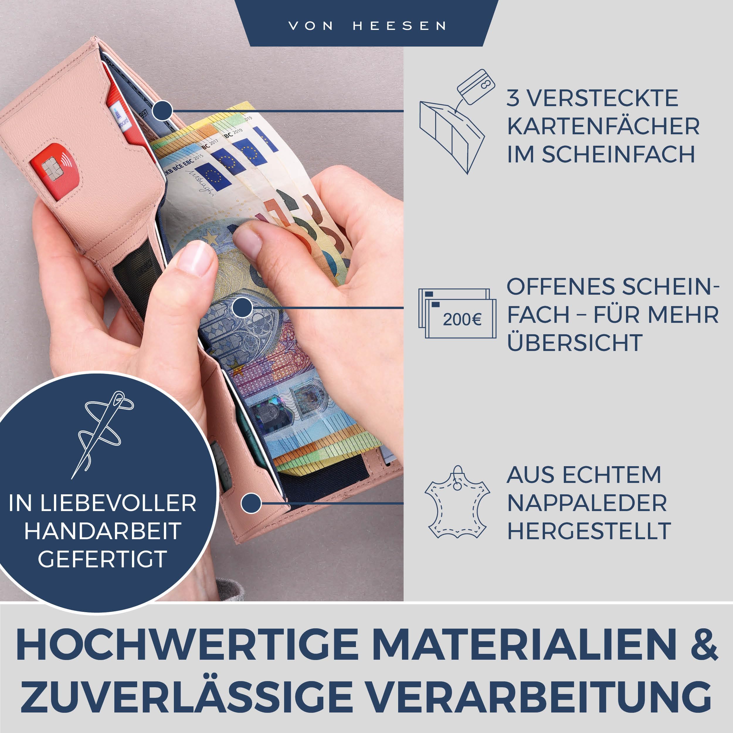 VON HEESEN Slim Wallet mit XL Münzfach & RFID-Schutz - Mini Geldbörse Herren & Damen - Kartenetui Kreditkartenetui - Portmonee Geldbeutel Portemonnaie klein Rose