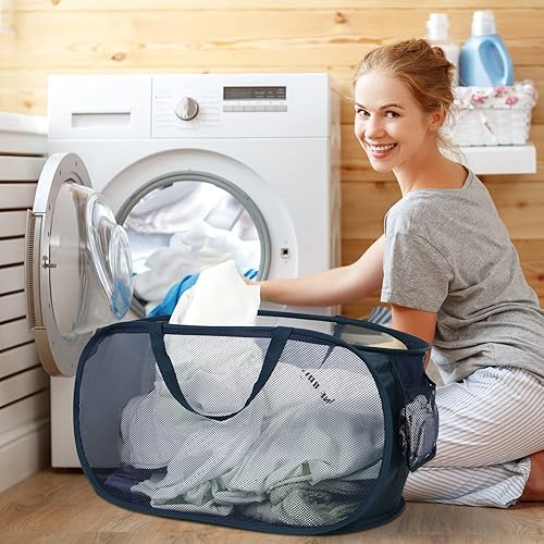 Miniatura 2 de Cestas de lavandería plegables duraderas, cesta de lavandería desplegable de malla con bolsillo lateral, cesta de ropa plegable con asas de
