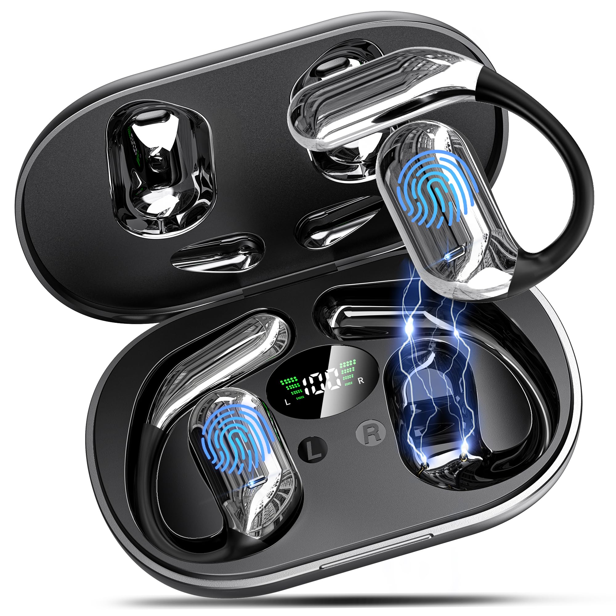 Wireless Open Ear Bluetooth Earbuds 50H Playtime Wireless Headphones,HiFi Stereo ENC Earphones with Microphone, Ecouteur Sans Fil Bluetooth IP7 Waterproof, Sport/Workout