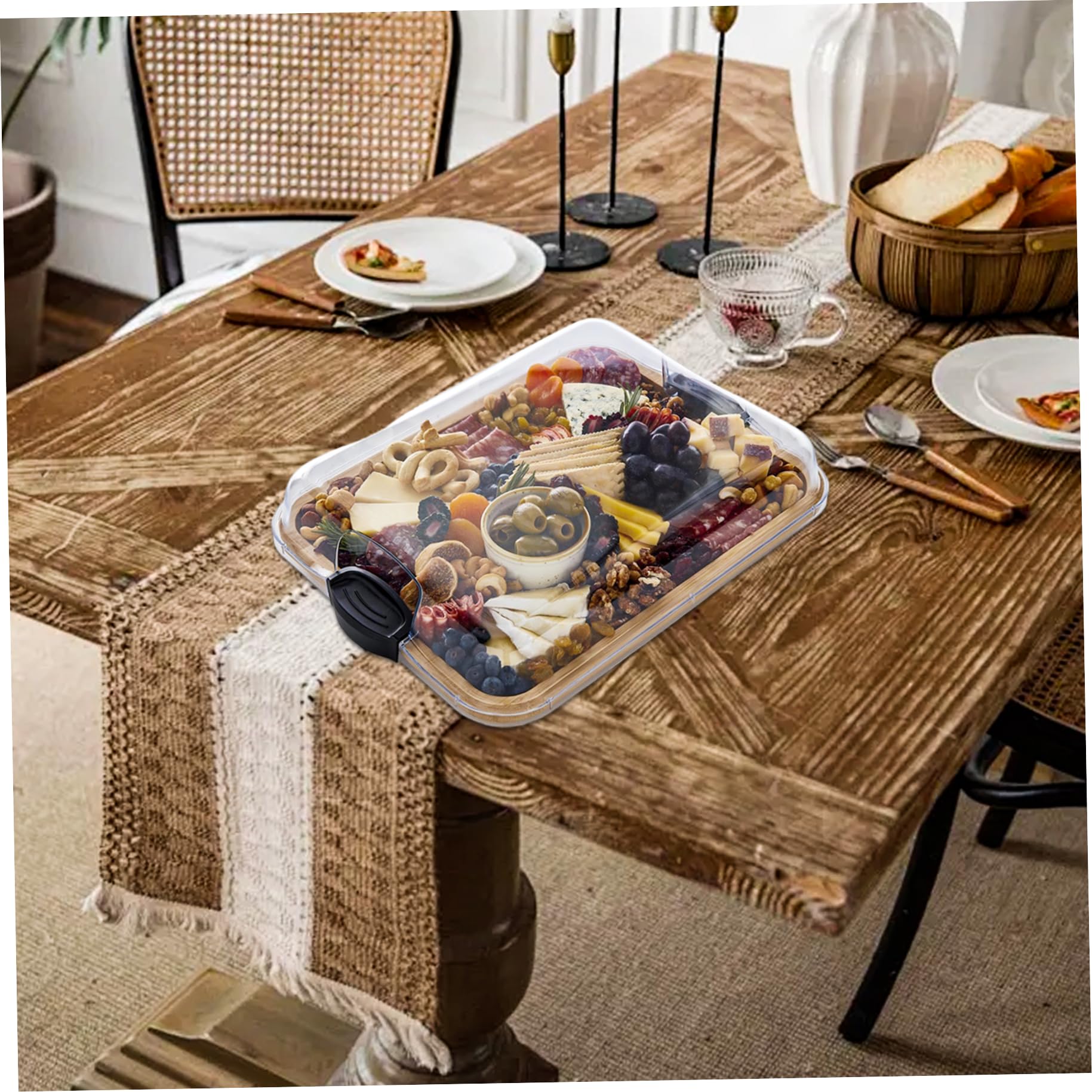Tagliere in bambù, taglieri reversibili per salumi con coperchio trasparente con chiusura a scatto e manici neri, 2 in 1 per verdure, frutta, salumi e snack.