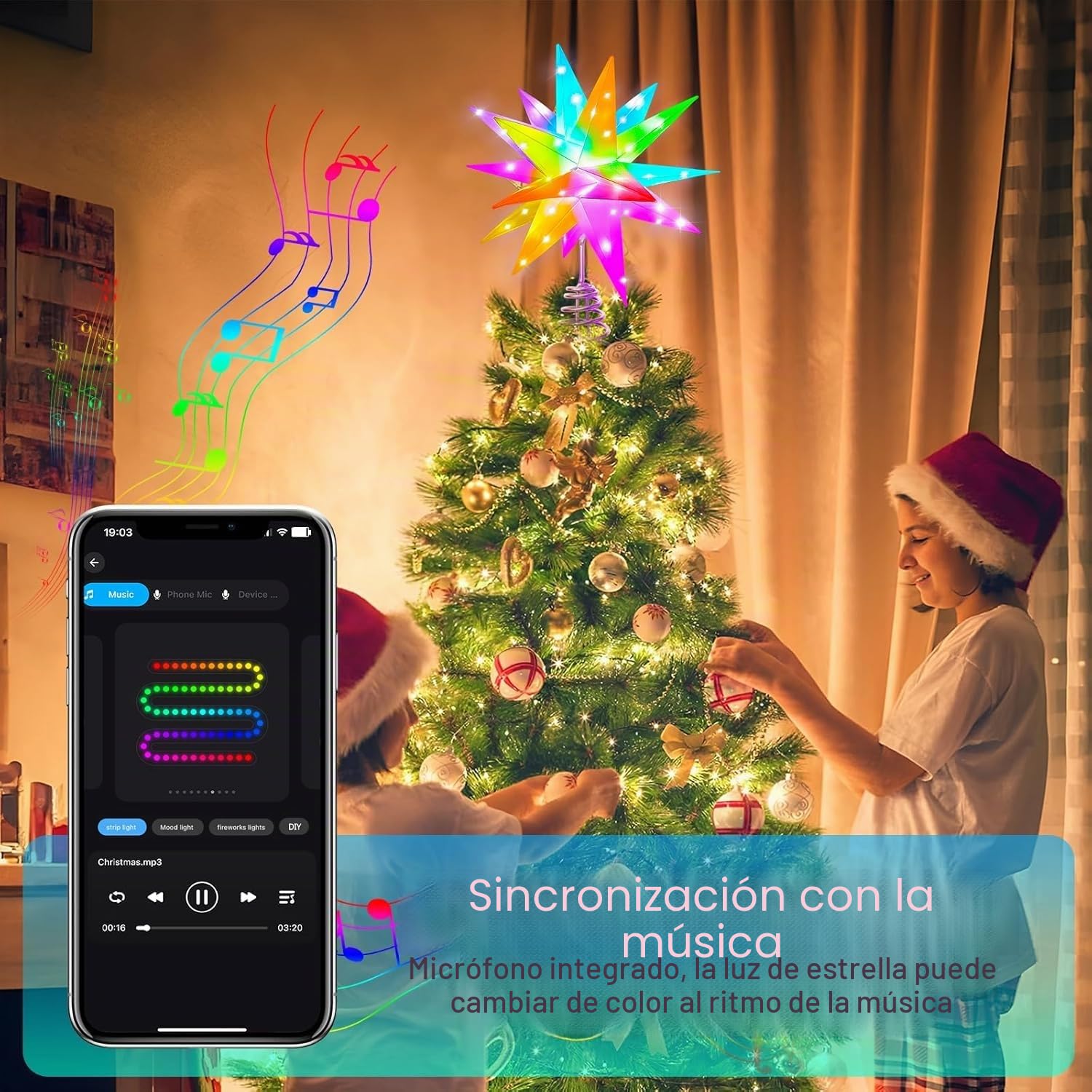 Estrella Arbol de Navidad 3D iluminada,Decoracion arbol de Navidad iluminada Inteligente de 10‘’ en Punta de árbol, Control por aplicación Bluetooth, sincronización de música