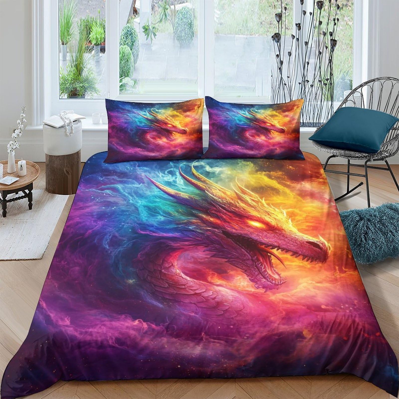 Ctjqhvkz Style-1 3D Printed Rainbow Fire Dragon Fitted Sheet Microfiber Soft Breathable Mystic Aura Mattress Cover For Bedroom Guest Room Single（135X200cm）