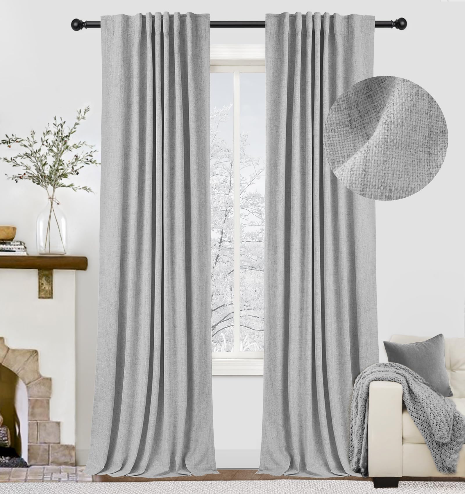 zeerobee 100% Blackout Curtains for Bedroom 72 inches Long, Linen Blackout Curtains 72 inches Long 2 Panels Set, Thermal Insulated Back Tab/Rod Pocket Curtains for Living Room/Nursery- Gray,W50 X L72