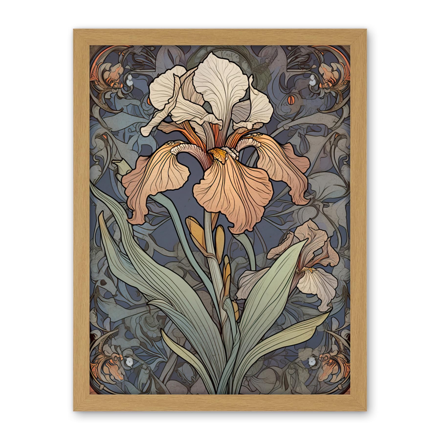 Artery8 Art Nouveau Style Iris Bloom Flower Watercolour Artwork Framed Wall Art Print 18X24 Inch