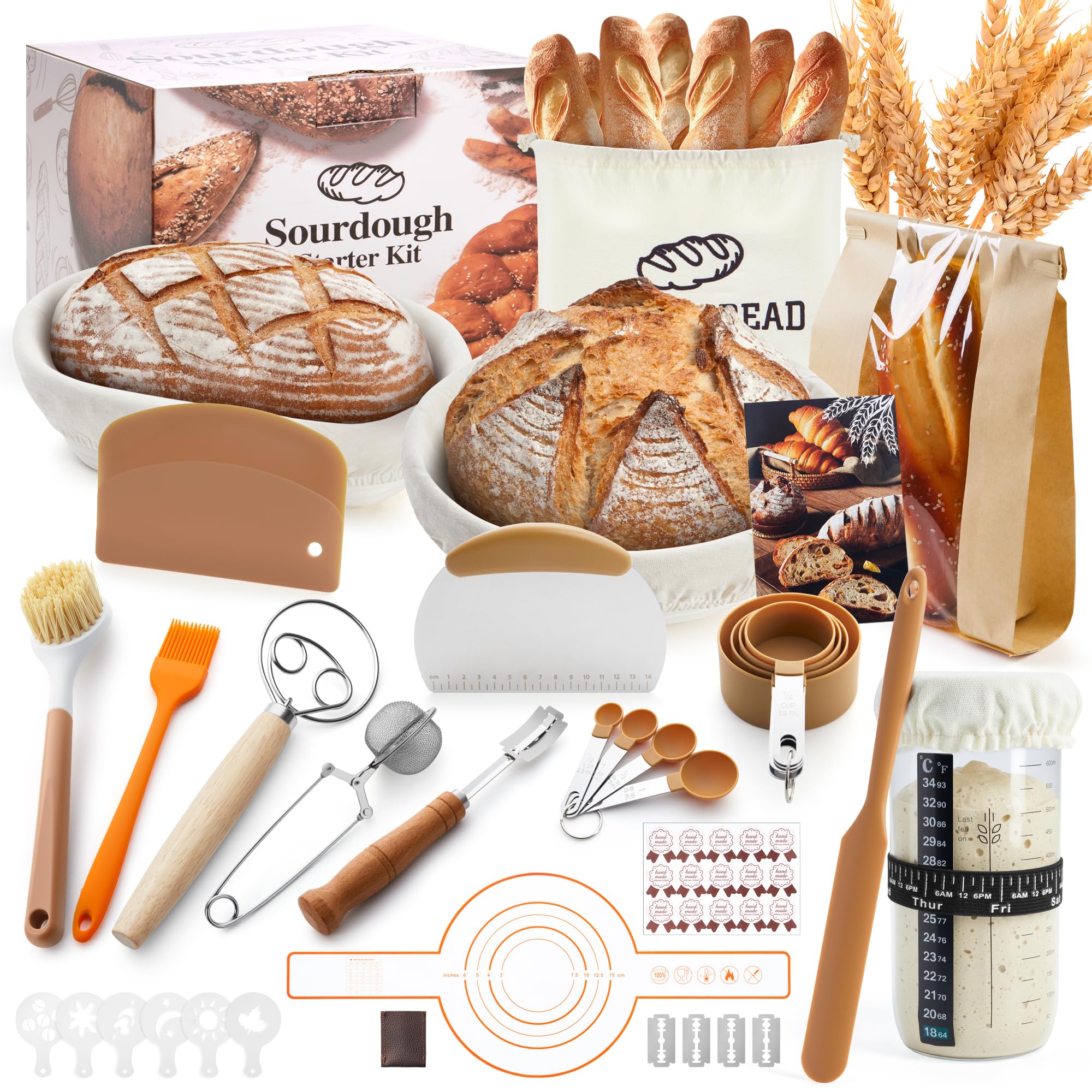 VIcus Sauerteig Starter Set, Gärkörbchen Rund & Oval, Brotbackzubehör Für Sauerteigbrot, Komplettes Brotbackset Zum Brot Backen Für Anfänger Und Bäcker
