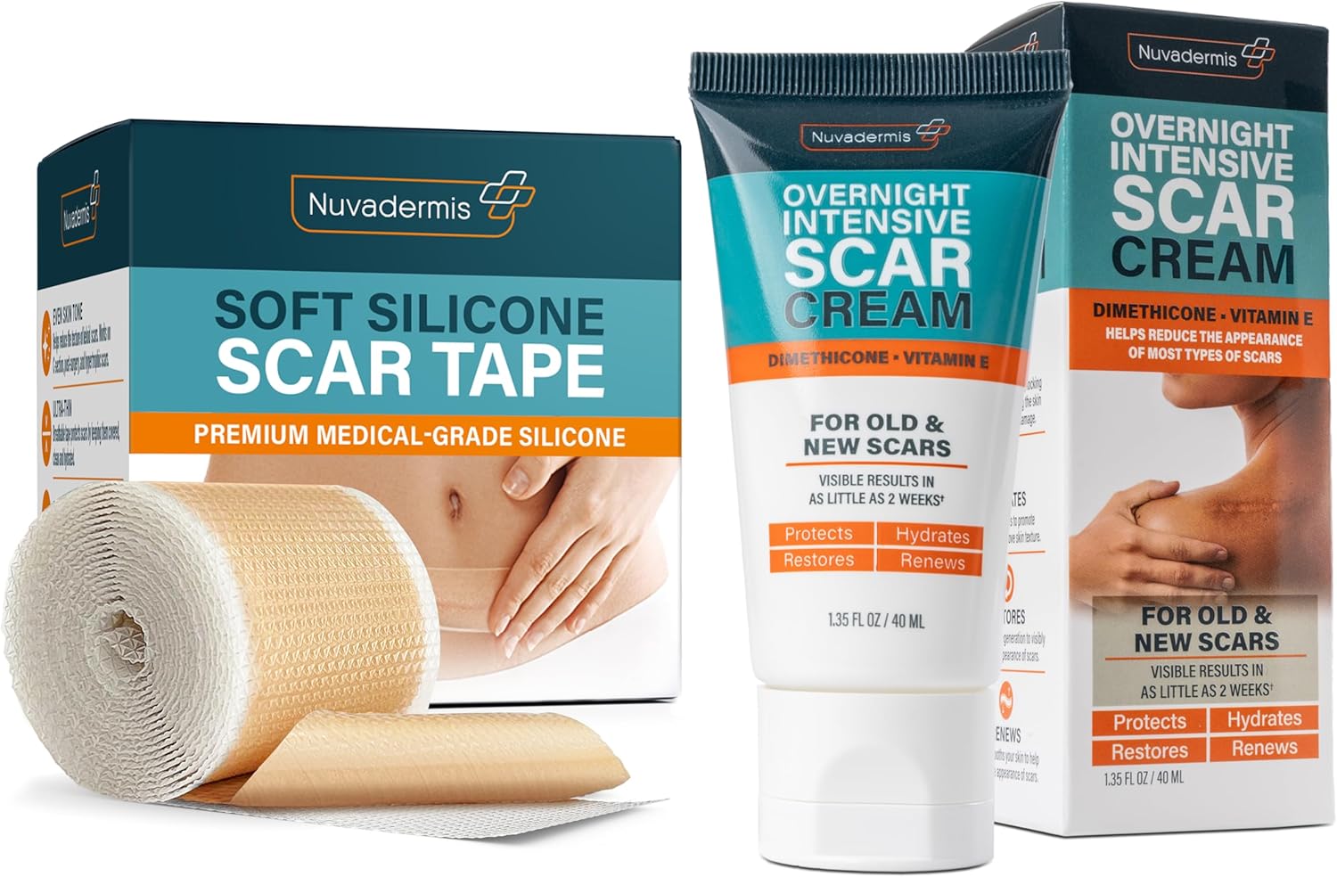 NUVADERMIS Silicone Scar Tape & Overnight Intensive Scar Cream – Complete Scar Care Duo for Surgical Scars