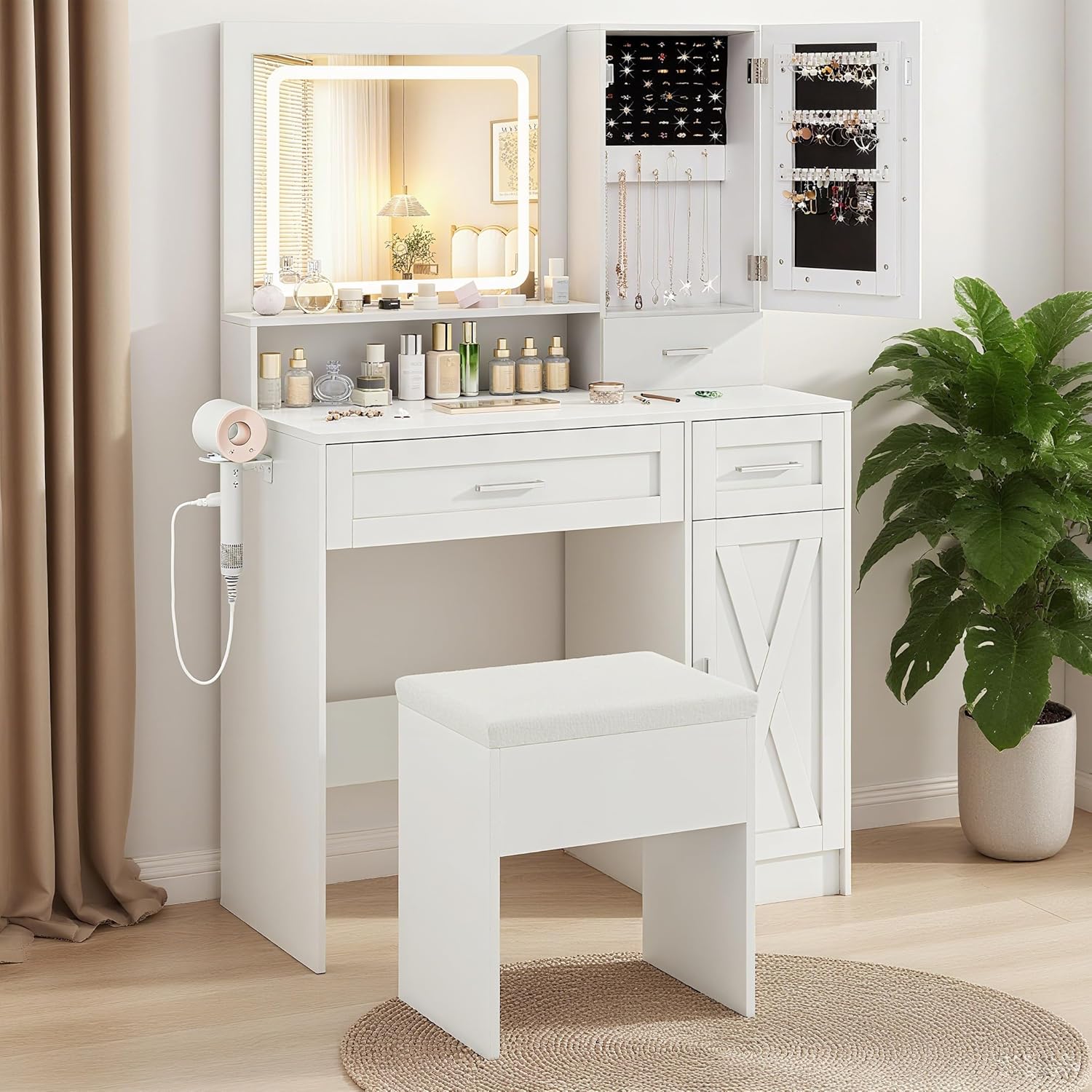 COSTWAY Vanity Desk with Mirror and Lights, 35.5'' Farmhouse Dressing Table with Jewelry Cabinet, Charging Station, Storage Drawers, Padded Stool, White Makeup Vanity Set for Bedroom