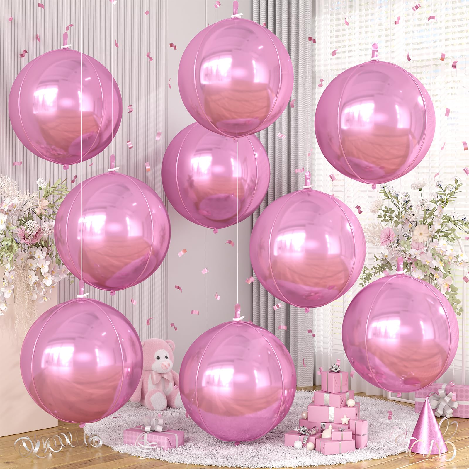 9 Pcs Pink Round Foil Balloons,22 Inch Metallic Pink Round Balloons